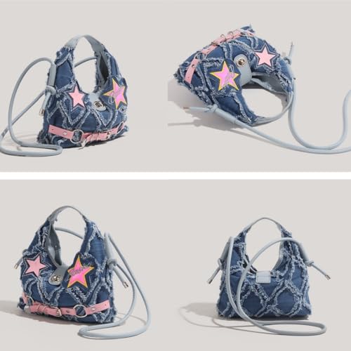 Image of Denim Hobo Bag for Women, Small Star Jean Fringe Shoulder Purse, Soft Top Handle Bag Crossbody Bag