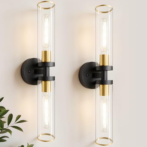 Image of Bathroom Vanity Lights 2 Pack Hardwired Black and Gold Wall Sconces