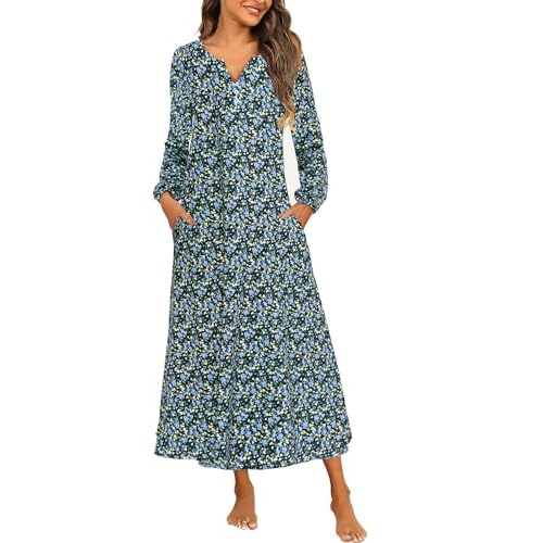 Marvmys Womens Cotton Long Sleeve Nightgown Long Sleepshirts Full Length Henley Sleep Dress with Pockets Navy Blue Flowers XX-Large