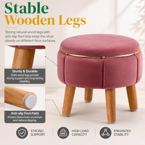 Image of Velvet Upholstered Round Ottoman Footstool | Anti-Slip Feet | Multipurpose Footrest, Step Stool & Vanity Seating & Decor | 40 x 30 cm (16 x 12 Inch) | Gajri