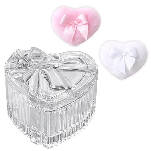 8.5x6cm Heart Shaped Powder Container with 2 Pcs 7cm Heart Bow Puffs Reusable Dusting Powder Container Clear Glass Storage Jar with Pink White Puffs for Women Body Powder