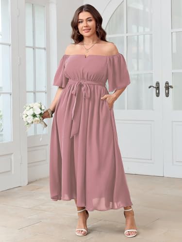 Image of SCOMCHIC Womens Plus Size Formal Dresses Off The Shoulder Wedding Guest Cocktail A-Line Split Maxi Dress with Pockets