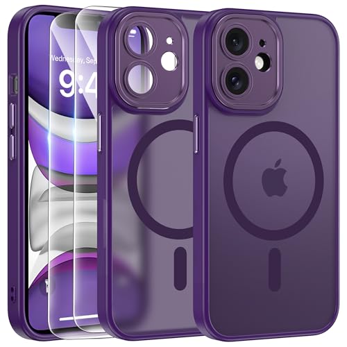 FLLAO Cover Magnetica per iPhone 11 Custodia e 2 Pellicole in Vetro Temperato, Cover iPhone 11 Compatibile con Magsafe, Traslucida Opaca Posteriore Sottile Antiurto Protettiva Case, Viola Scuro