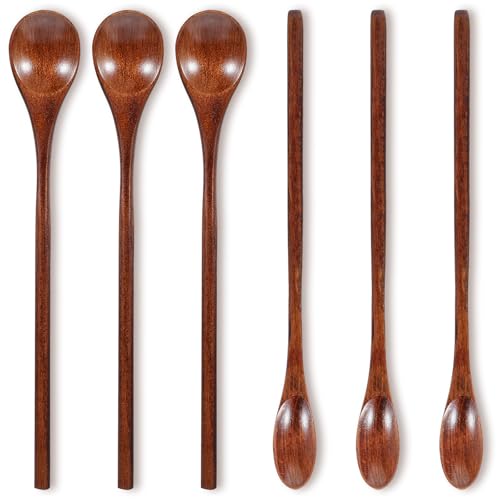 Dimeho 6 Pcs Wooden Coffee Spoons, Long Handle Mixing Spoon Small Wooden Long Teaspoon Honey Spoon Handmade Wood Stirring Spoon Tiny Tasting Spoon Set for Jam Dessert Stir Spoon Kitchen Utensil