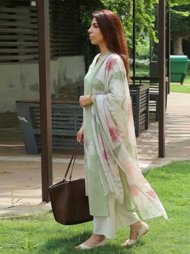 Image of ANNI Designer Women Cotton Blend Straight Fit Printed Kurta Pant Dupatta Set | V Neck Three Quarter Sleeve Ensemble | Soft Breathable Fabric | Comfortable Elegant Styling for Office Casual Wear