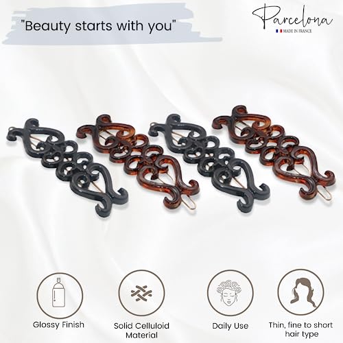Parcelona French Little Hearts Shell Black Small Celluloid Acetate Side Slide Barrette Snap On Hair Clips - 4 Pieces #TOP1