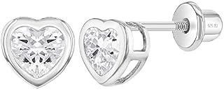 925 Sterling Silver Cubic Zirconia Bezel Heart Screw Back Earrings for Girls 7mm - Adorable Heart Stud Earrings for Toddlers, Little Girls, and Young Teens - Beautiful for An Everyday Accessory