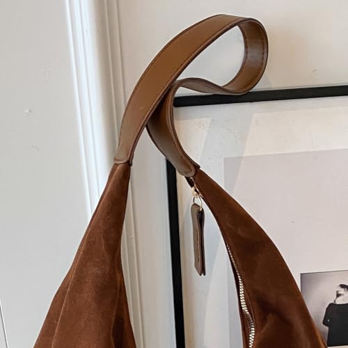 Image of Lushandy Brown Suede Purse Faux Suede Tote Bag Leather Hobo Bags for Women Slouchy Hobo Bag Fall Purse Shoulder Bag