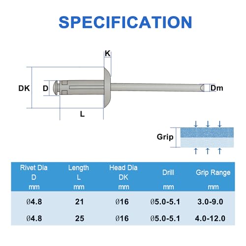 BESTYCHAO 60pcs Tri-Fold Exploding Pop Niet Aluminium großen Flansch Nieten - Silber (4,8x21mm)
