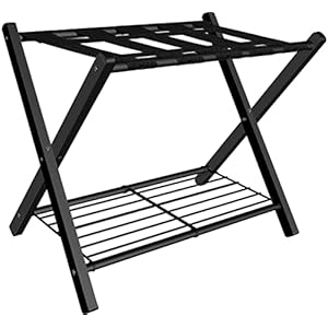 mocomax 1 Pack Folding Luggage Rack for Guest Room, Foldable Suitcase Stand Holder with Metal Storage Shelf for Bedroom, Living Room, Hotel Essentials, Heavy Duty Steel Frame, Black