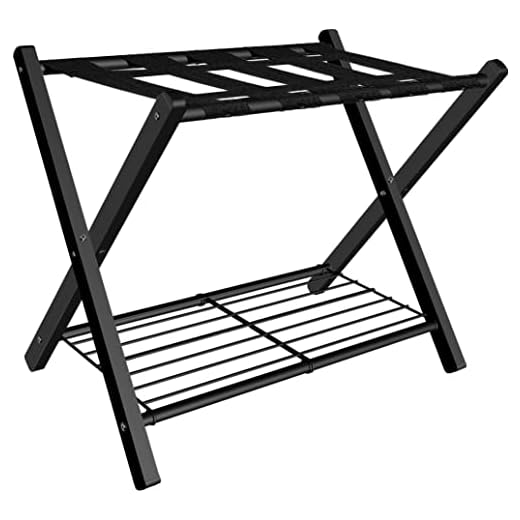 mocomax 1 Pack Folding Luggage Rack for Guest Room, Foldable Suitcase Stand Holder with Metal Storage Shelf for Bedroom, Living Room, Hotel Essentials, Heavy Duty Steel Frame, Black