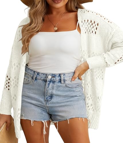 Image of Plus Size Womens Crochet Cardigans Sweater Boho Long Sleeve Lightweight Oversized Open Front Loose Fit Knitted Tops