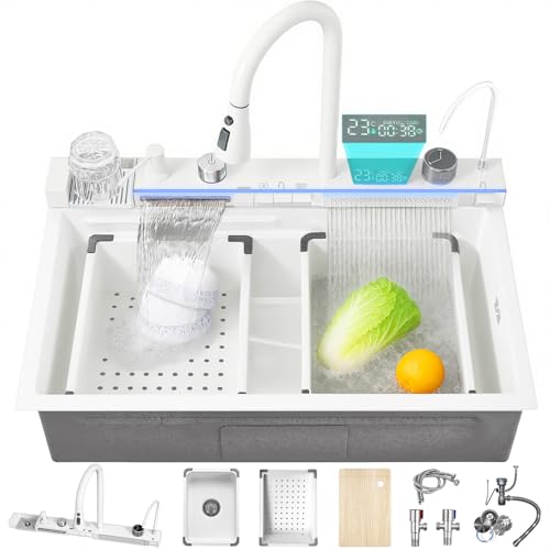 Ribanedy 33.5 inch White Smart Digital Display Waterfall Sink, 304 Stainless Steel Modern Kitchen Sink with 5 Water Outlet Modes, Waterfall Pull-Out Faucet, Cup Washers and Accessory Set