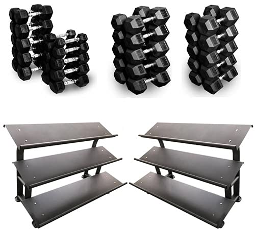 French Fitness Rubber Hex Dumbbell Set 5-100 lbs w 2 3 Tier Dumbbell Racks New