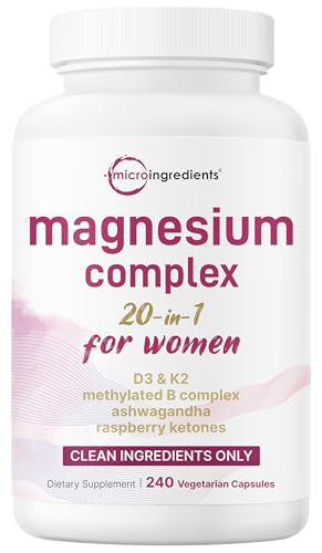 Magnesium Complex for Women, 240 Vegetarian Capsules | 20-in-1 Formula - Magnesium Blend with Vitamin D3, K2, Ashwagandha & More | Filler Free, Non-GMO