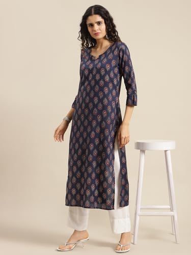 Image of Varanga Women Printed Straight Kurta | Cotton | Round Neck | 3 /4 Sleeve |Casual Wear
