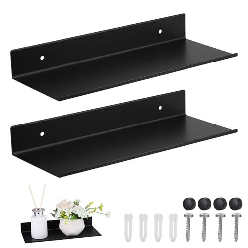 JIZZU Estanteria Pared, 2Pcs Estante Flotante Baldas Pared de Metal, 30x12x4cm Baldas Flotantes Pared para Cocina Baño Salón Oficina, Estantería Pared Stantes Flotantes Mate Negro