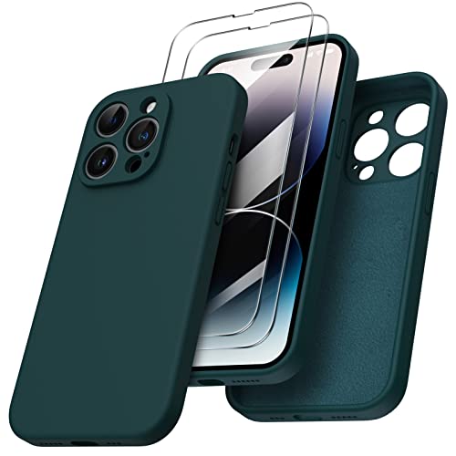 ORNARTO Cover per iPhone 14 Pro Silicone 6.1 Pollici, con 2 Pellicola Vetro Temperato, Morbido Silicone Liquido Protezione, Antiurto Ultra-Sottile Protezione Custodia iPhone 14 Pro-Verde Oliva