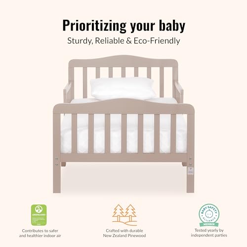 Image of Dream On Me Classic Design Toddler Bed in Almond Butter, Low-to-Floor Wooden Bed with Safety Rails, GREENGUARD Gold & BSA Certified, Non-Toxic Finish