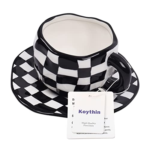Image of Koythin 10oz Ceramic Coffee Mug With Saucer, Black White Plaid Latte Cup | 300ml Drinkware, Microwave & Dishwasher Safe; Daily Office Cup, Sweet Gift For Women