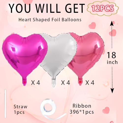 Image of Rose Heart Balloons,18inch Bright Pink Heart Shaped Foil Balloons & White Helium Mylar Balloon for Anniversary Wedding Engagement Birthday Party Baby Shower Decorations(12Pcs)