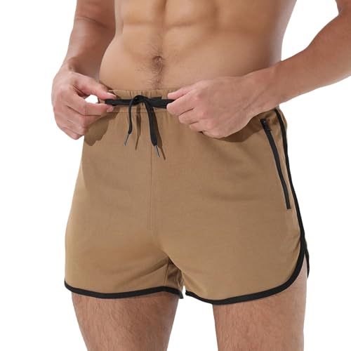 Pantalones cortos de malla para hombre, de secado rápido, con bolsillos con cremallera, cintura elástica, pantalones cortos de entrenamiento, ligeros, transpirables, caqui, S