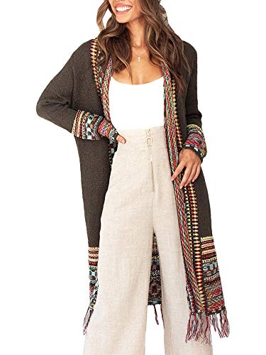 FERBIA Women Boho Cardigan Sweater Long Open Front Maxi Knit Sweaters Aztec Tribal Tassel Fringe Thin Coat