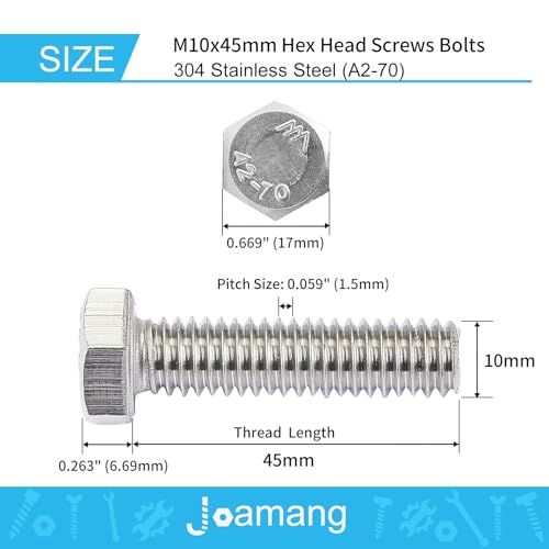 Image of M10-1.5 x 45mm 10Pcs Hex Bolts, Hexagon Head Screws, 304 Stainless Steel(A2-70), Metric Fully Thread, Bright Finish