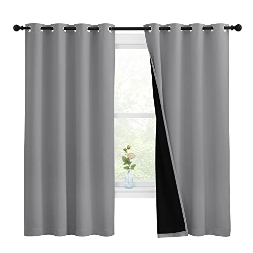 Image of NICETOWN 100% Blackout Curtains with Black Liners, Thermal Insulated Full Blackout 2-Layer Lined Drapes, Energy Efficiency Window Draperies for Bedroom (Silver Grey, 2 Panels, 55-inch W by 68-inch L)