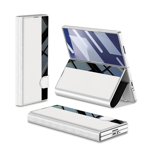 Image of TechTrendz Case for Samsung Galaxy Z Fold 7 Stand Case with Magnetic Closur, Luxury Flip Electroplated Shockproof Glass Hybrid Leather Flip Cover for Z Fold 7 Back Cover - White