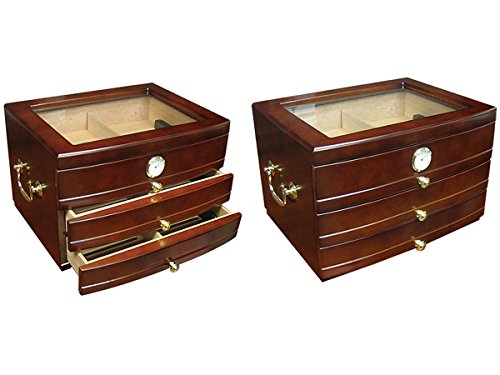Prestige Import Group Regent Glass Top 3 Drawer Cigar Humidor - Up to 75 Cigars - Color: Dark Mahogany
