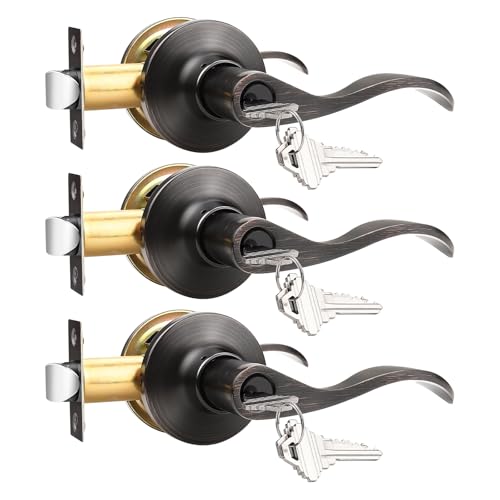 GOBEKOR Entry Door Handles with Lock and Same Keys, Oil Rubbed Bronze Keyed Aliked Entry Door Lock Sets for Exterior & Interior Doors, Reversible Door Levers for Bedroom Bathroom, 3 Pack
