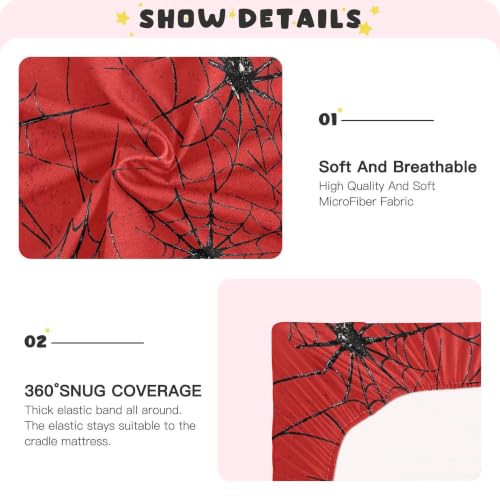 Image of Black Spider Webs Red Crib Sheets | Soft Breathable Fitted Baby Crib Sheets Mattress Cover for Girls Boys 52 inch x 28 inch x 9 inch