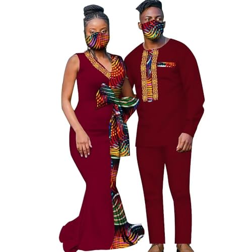 African Clothes for Couple Wedding Patchowork Dashiki Sets for Men and African Satin Dresses for Women Lovers Outfits