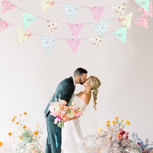 Image of Zwiebeco 32Ft Pink Blue White Floral Fabric Bunting Triangle Flags Cotton Flower Pennant Banner Decoration for Birthday Wedding Engagement Baby Shower Tea Party Spring Rustic Village Home Garden Decor