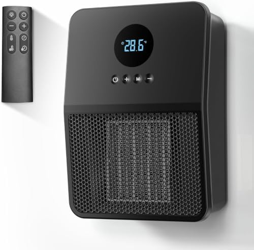 Ambiora Ceramic Wall Heater with Remote Control for Bathroom 1500W PTC, ECO Mode, Adjustable Thermostat, 24H Timer, Quiet Operation, Electric Space Heater for Wall Mount/Hook/Desktop (Matte Black) - 1