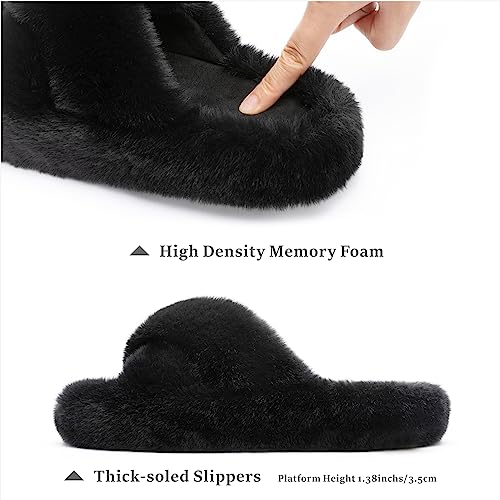 Chantomoo Women's Blue Memory Foam Faux Fur Lined Open Toe Slippers for Women - US 122