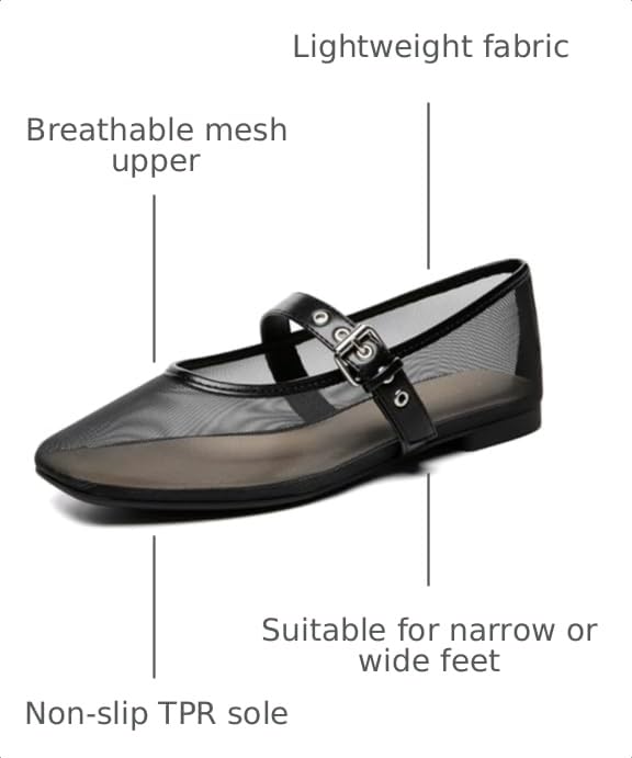Image of Rihero Mesh Ballet Flats for Women Square Toe Mary Jane Flats Comfortable Casual Ballerina Shoes