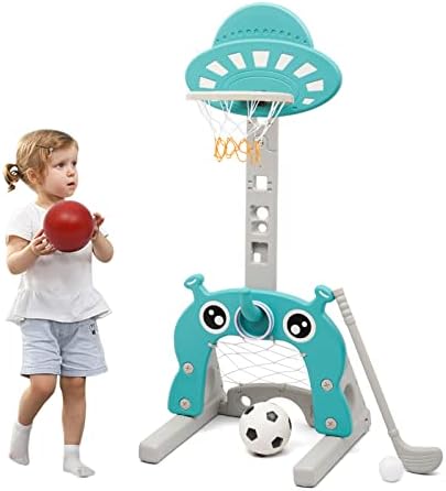 Basketball Hoop for Kids 4 in 1 Sports Activity Center Grow-to-Pro Adjustable Easy Score Basketball Hoop Football/Soccer Goal Golf Game Ring Toss Best Gift for Kids Baby Infant Toddler