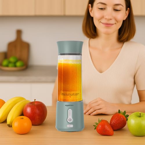 Image of Amazon Basics Portable Hand Blender for Smoothies & Juices | USB Rechargeable | 6 Stainless Steel Blades | 500 ml Food Grade Jar | 1 year Warranty | 2x2000 mAh Batteries (Saga Green)