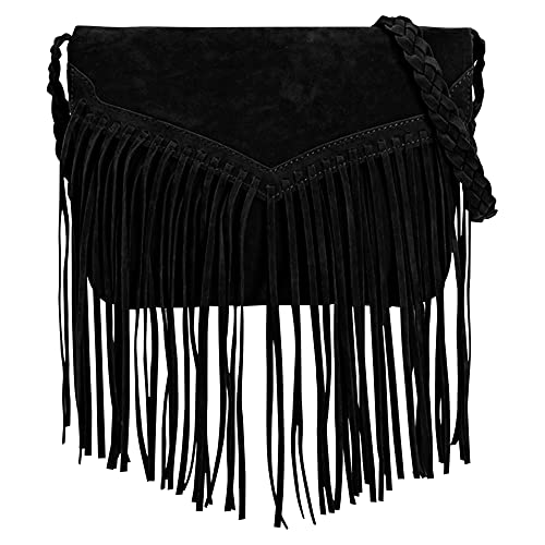 Suede Crossbody Bag with Fringe Vintage Tassel Purse Messenger Bag for Women Girls, Black