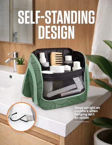 Image of VENTURE 4TH Hanging Travel Toiletry Bag, 17 Compartments - Green Leaves | Hangs on rails, hooks or doors; stands upright too. Removable TSA pouch. Water-resistant 900D Nylon, reinforced stitching.