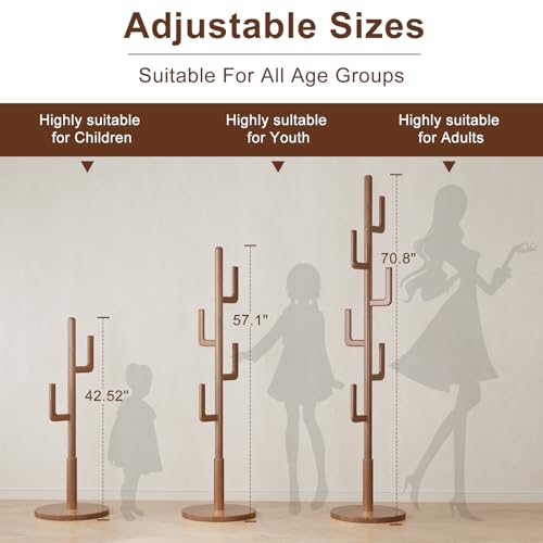 Image of Muwuele Solid Wood Cactus Coat Rack, Freestanding Coat Rack With 6 L-Shaped Hooks and 3 Adjustable Sizes, Coat Tree for Bedroom, Entryway, Livingroom, Coat Hanger Stand for Coats, Handbags (Walnut)