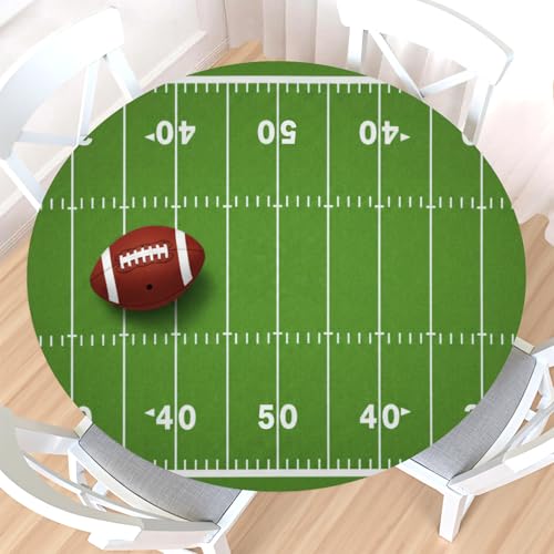 American Football Field Round Fitted Tablecloth with Elastic Edge,Waterproof Wipeable Green Grass Rugby Ball Sport Themed Table Cover for 36-40" Stretch Table Cloth for Dinner Indoor Outdoor Party