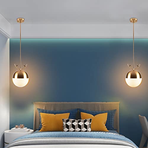 Byoliima Gold Globe Pendant Light Modern Brushed Brass Chandelier With Antler Dome Shade White Ball Glass Lampshade Mid Century Ceiling Lamp Hanging Lighting Fixture For Kitchen Island Dining #TOP6