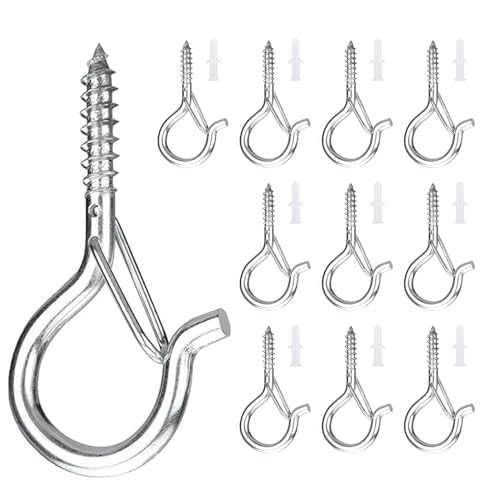 10 piezas M4 Ganchos de Tornillo Hembrillas Cerradas,Cáncamos de Tornillo con Rosca de Madera,Ganchos de Techo de Luz con Hebilla de Seguridad,Pernos de Ojo de Tornillo Alcallatas Pared (Plata)