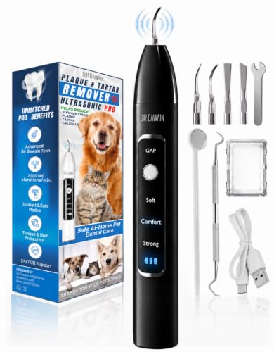 SIRGAWAIN Pet Ultrasonic Dental Cleaner Plaque Tartar & Stains Remover 4 Tips 3 Modes LED Contact-Activated & Smart Touch Protection Complete Cleaning Kit for Dogs & Cats (Black)