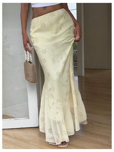 MakeMeChic Women's Summer Mesh Floral Skirt Low Waist Ruffle Fishtail Maxi Skirts2