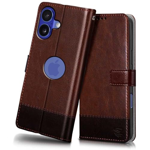 Image of FLIPPED Vegan Leather Flip Case Back Cover for iPhone 16 (Flexible, Shock Proof | Hand Stitched Leather Finish | Card Pockets Wallet & Stand | Brown with Coffee)