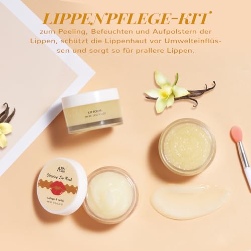 ANAiRUi Lippenbalsam und Lippenpeeling-Set, Vanille & Collagen Lippenschlafmaske und Lippenpeeling Zuckerpeeling, Lippenpflege-Geschenkset für Trockene, Rissige, Schälende Lippen